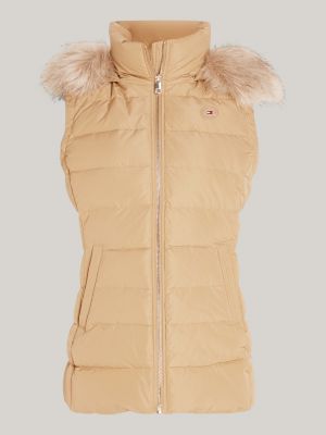 beige water repellent down hooded vest for women tommy hilfiger