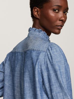 blauw relaxed fit chambray overhemd met ruches voor dames - tommy hilfiger