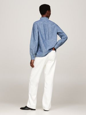 camisa de chambray con volantes azul de mujeres tommy hilfiger