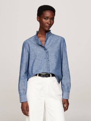 blue ruffle relaxed chambray shirt for women tommy hilfiger