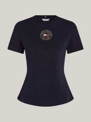 camiseta de corte slim con sello azul de mujeres tommy hilfiger