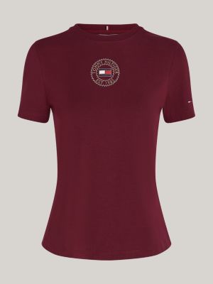 t-shirt slim fit con logo a timbro viola da donne tommy hilfiger