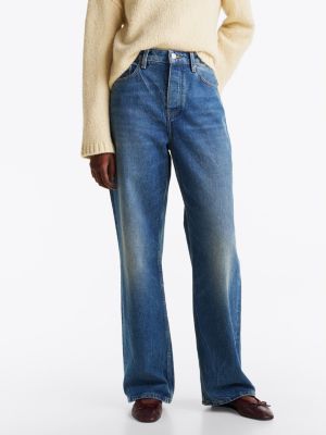 blauw medium rise jeans met wijde rechte broekspijpen voor dames - tommy hilfiger