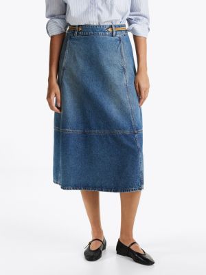 jupe trapèze midi en denim et détail en cuir bleu pour femmes tommy hilfiger