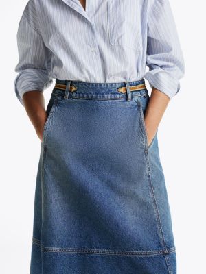 jupe trapèze midi en denim et détail en cuir bleu pour femmes tommy hilfiger