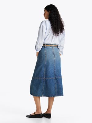 jupe trapèze midi en denim et détail en cuir bleu pour femmes tommy hilfiger