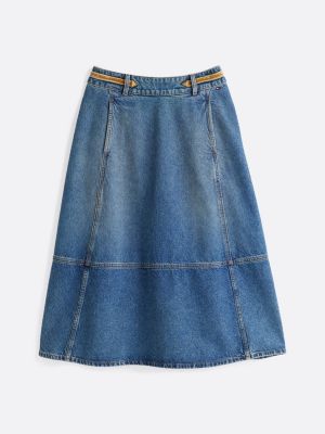 jupe trapèze midi en denim et détail en cuir bleu pour femmes tommy hilfiger