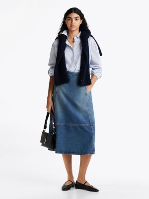 jupe trapèze midi en denim et détail en cuir bleu pour femmes tommy hilfiger