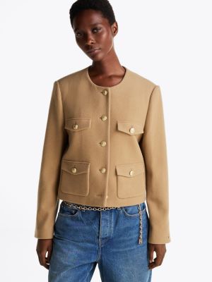 brown double faced wool blend cropped jacket for women tommy hilfiger