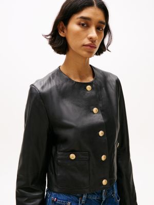 black cropped leather jacket for women tommy hilfiger