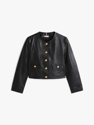 black cropped leather jacket for women tommy hilfiger