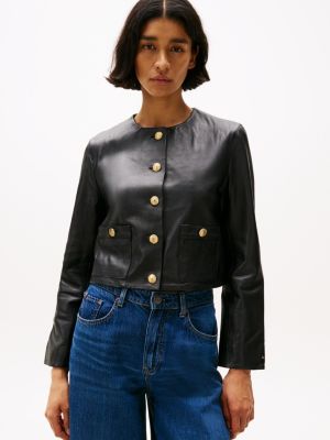 schwarz cropped fit lederjacke für damen - tommy hilfiger