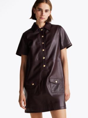 brown short sleeve leather mini dress for women tommy hilfiger