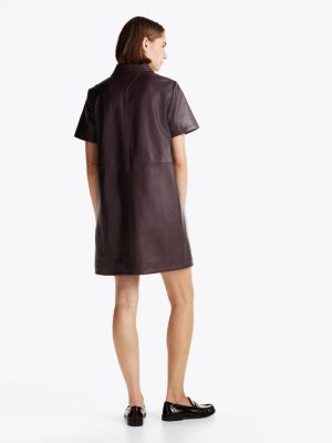 brown short sleeve leather mini dress for women tommy hilfiger