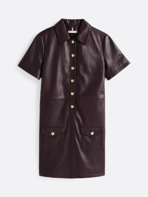 minivestido camisero de piel con manga corta marrón de mujeres tommy hilfiger