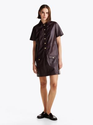 minivestido camisero de piel con manga corta brown de mujeres tommy hilfiger