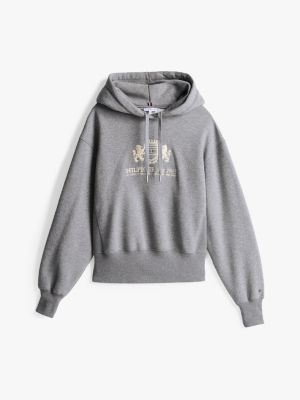 grey logo embroidery drawstring fleece hoody for women tommy hilfiger