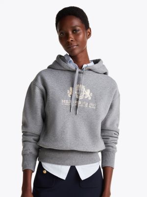 grey fleece hoodie met geborduurd logo voor dames - tommy hilfiger