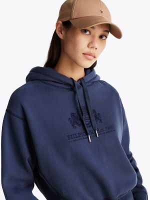 blue logo embroidery drawstring fleece hoody for women tommy hilfiger