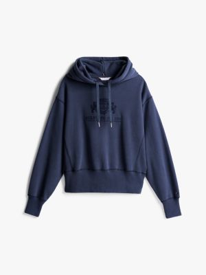 blue logo embroidery drawstring fleece hoody for women tommy hilfiger