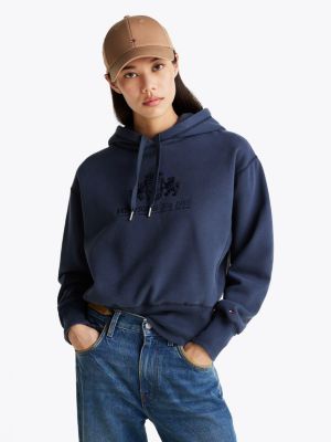 blue logo embroidery drawstring fleece hoody for women tommy hilfiger