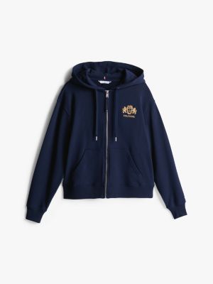 felpa con cappuccio, zip e logo ricamato blu da donne tommy hilfiger