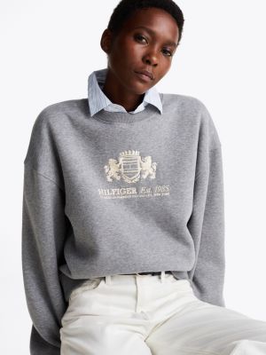 sweat à manches larges et logo brodé gris pour femmes tommy hilfiger