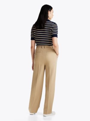 khaki seam detail relaxed straight leg trousers for women tommy hilfiger