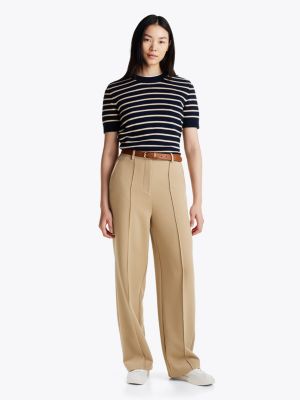 khaki seam detail relaxed straight leg trousers for women tommy hilfiger