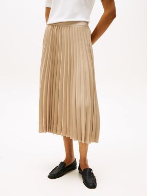 beige logo waistband pleated midi skirt for women tommy hilfiger