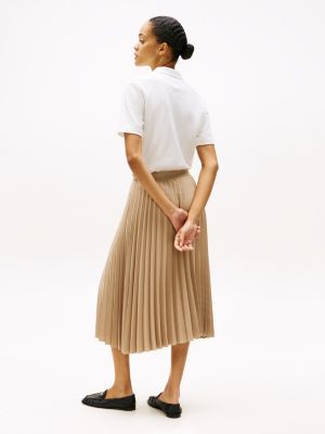 beige logo waistband pleated midi skirt for women tommy hilfiger