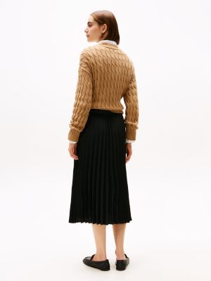 black logo waistband pleated midi skirt for women tommy hilfiger