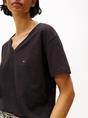 black textured v-neck t-shirt for women tommy hilfiger