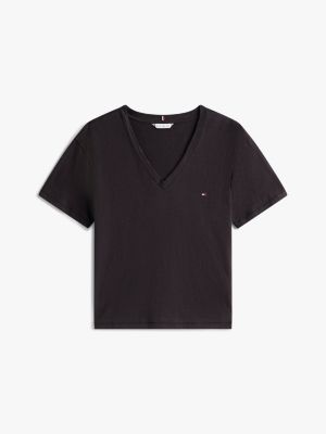 black textured v-neck t-shirt for women tommy hilfiger
