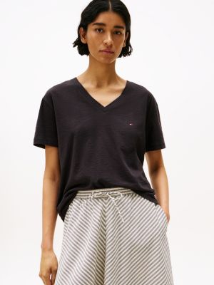 black textured v-neck t-shirt for women tommy hilfiger