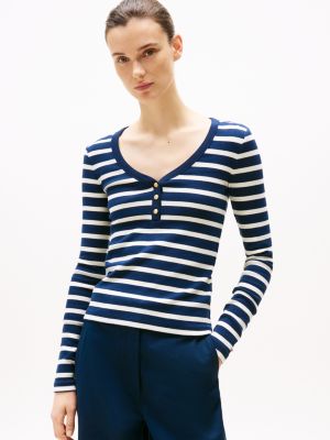 multi slim t-shirt met lange mouwen en henley-hals voor dames - tommy hilfiger