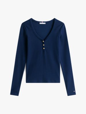 blau slim fit henley-langarmshirt für damen - tommy hilfiger