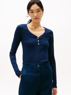 blue slim t-shirt met lange mouwen en henley-hals voor dames - tommy hilfiger