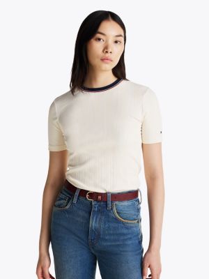 t-shirt ajusté et côtelé à col contrasté multi pour femmes tommy hilfiger