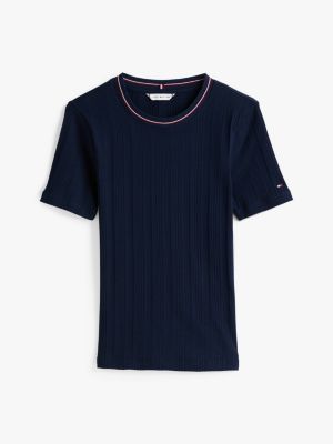 blue rib-knit contrast collar slim t-shirt for women tommy hilfiger