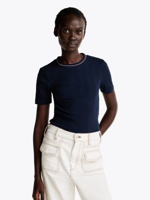 t-shirt ajusté et côtelé à col contrasté blue pour femmes tommy hilfiger