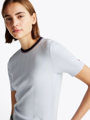 t-shirt ajusté et côtelé à col contrasté bleu pour femmes tommy hilfiger