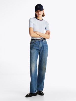 t-shirt ajusté et côtelé à col contrasté bleu pour femmes tommy hilfiger