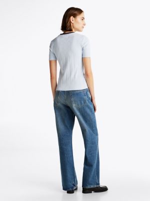 t-shirt ajusté et côtelé à col contrasté bleu pour femmes tommy hilfiger
