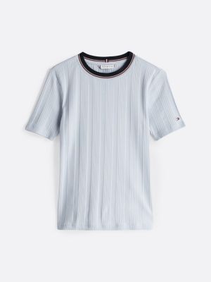 t-shirt ajusté et côtelé à col contrasté bleu pour femmes tommy hilfiger