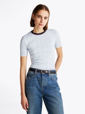 blue rib-knit contrast collar slim t-shirt for women tommy hilfiger