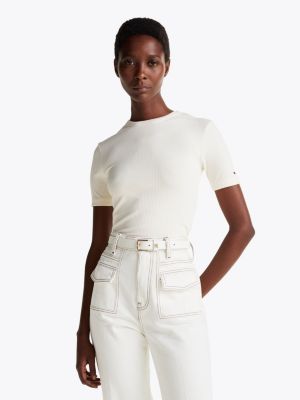 white slim fit t-shirt met ribtextuur voor dames - tommy hilfiger