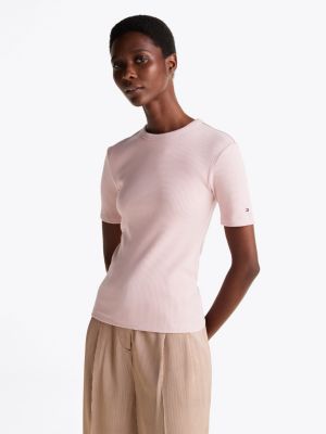 pink ribbed slim t-shirt for women tommy hilfiger