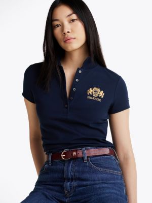 blauw slim fit polo met geborduurd logo voor dames - tommy hilfiger