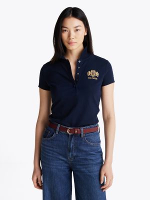 blue slim fit logo embroidery polo shirt for women tommy hilfiger